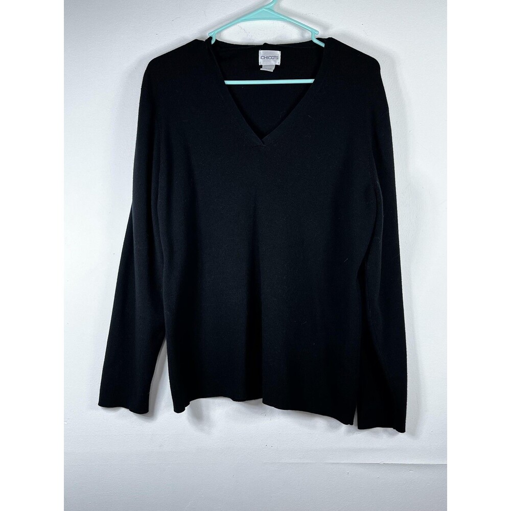 Chico's Sweater Womens 3 XL Solid Black V Neck Long Sleeve Basic Knit Pullover